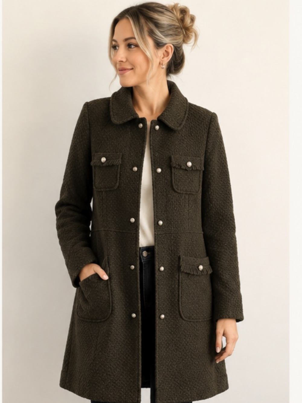 Forever 21 Dark Brown waffle knit Trench Coat with fringe on pockets